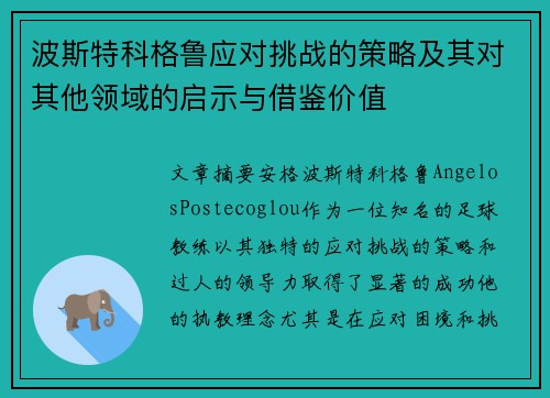 波斯特科格鲁应对挑战的策略及其对其他领域的启示与借鉴价值 波斯特科格鲁应对挑战的策略及其对其他领域的启示与借鉴价值